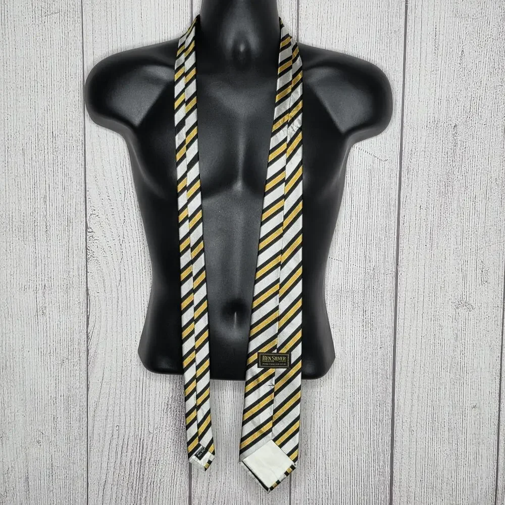 Ben Silver Pure English Silk Regimental Stripe Tie Silver Black Gold 61.5